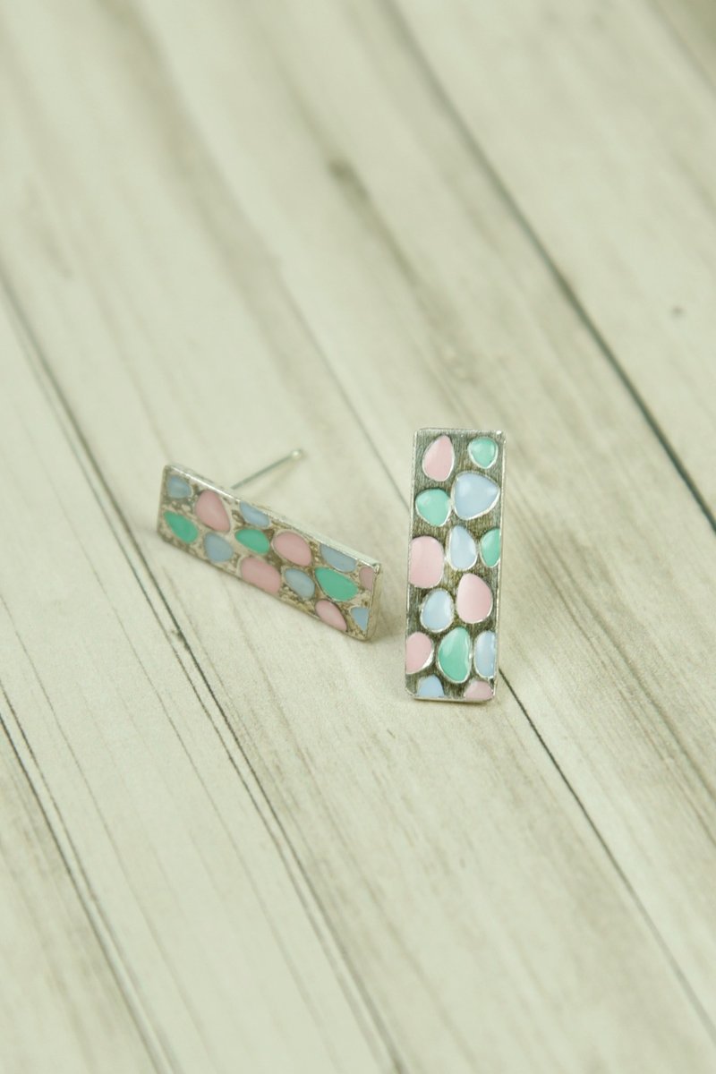 statelywork老宅系列-鵝卵石長方耳環-彩色 - 耳環/耳夾 - 純銀 銀色