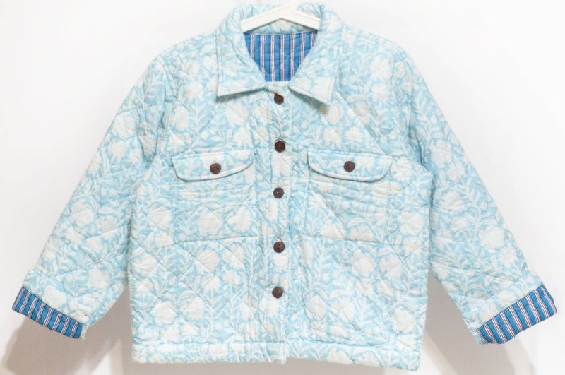 木刻印純棉外套 印度棉有機棉 手工蓋印拼接鋪棉牛仔風外套-藍花 - 女大衣/外套 - 棉．麻 多色