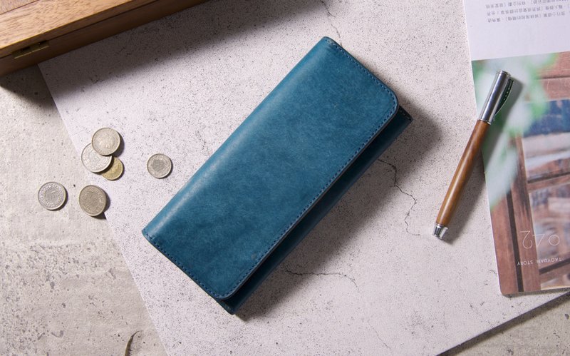 磨砂長夾 Long Wallet / 磨砂藍&杏黃 Blue - 皮夾/長短夾/錢包 - 真皮 藍色