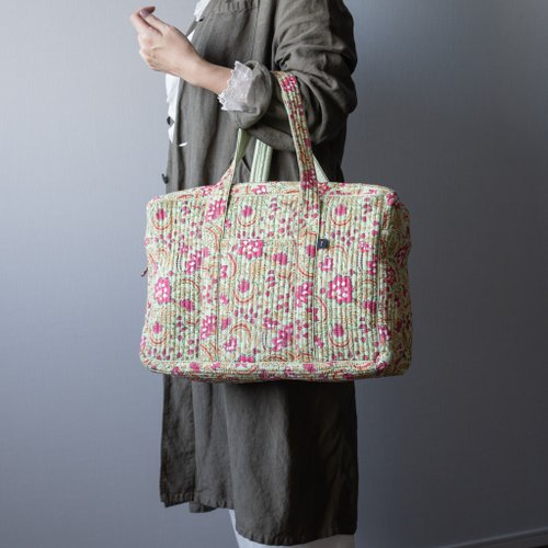 ブロックプリントキルティングバッグ ボストンバッグ グリーン