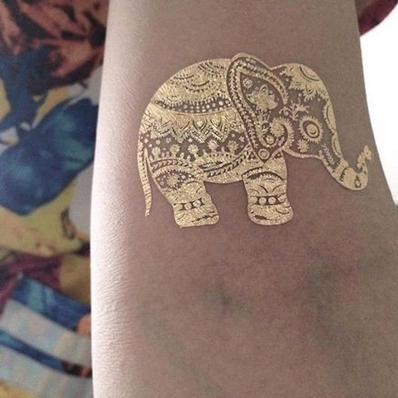 OhMyTat 燙金大象 Metallic Gold Elephant 刺青紋身貼紙 (2張) - 紋身貼紙/刺青貼紙 - 紙 金色