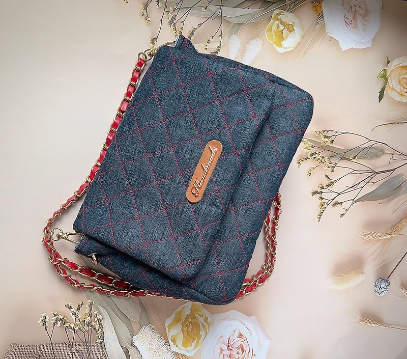 Small fragrant style rhombus denim bag/ - กระเป๋าแมสเซนเจอร์ - ผ้าฝ้าย/ผ้าลินิน 
