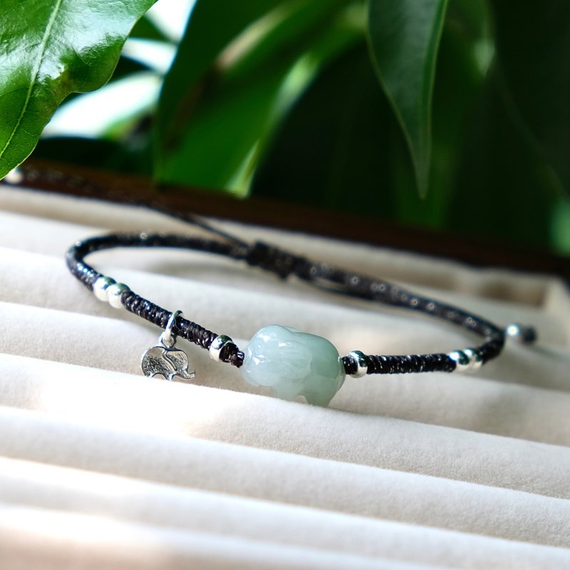 Jade Elephant Baby Bracelet Natural Burmese Jade A Grade Waterproof Wax Thread Bracelet S925 Silver Gift Blessing - สร้อยข้อมือ - หยก 