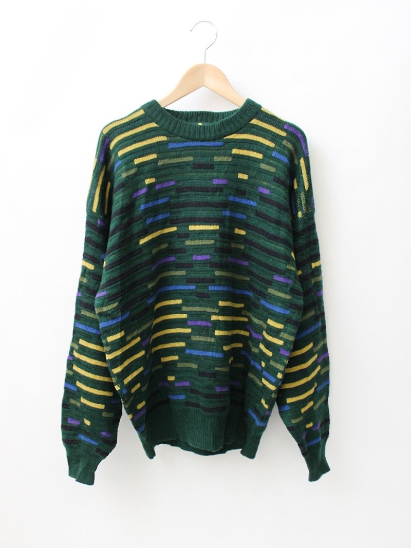 【RE1229SW093】韓國製綠色幾何條紋針織薄款男女中性款寬鬆古著毛衣 - 毛衣/針織衫 - 羊毛 綠色