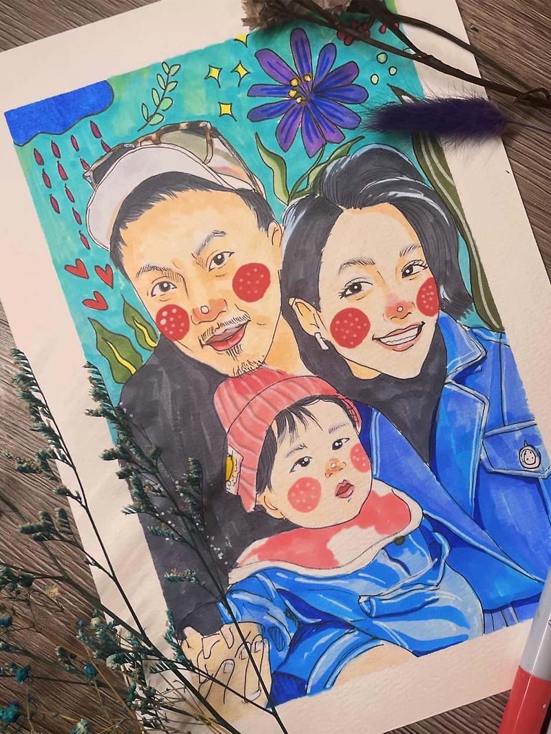 [Holiday Gift] Hand-painted commemorative gift card with similar face painting - large (three people) - Cards & Postcards - Paper 