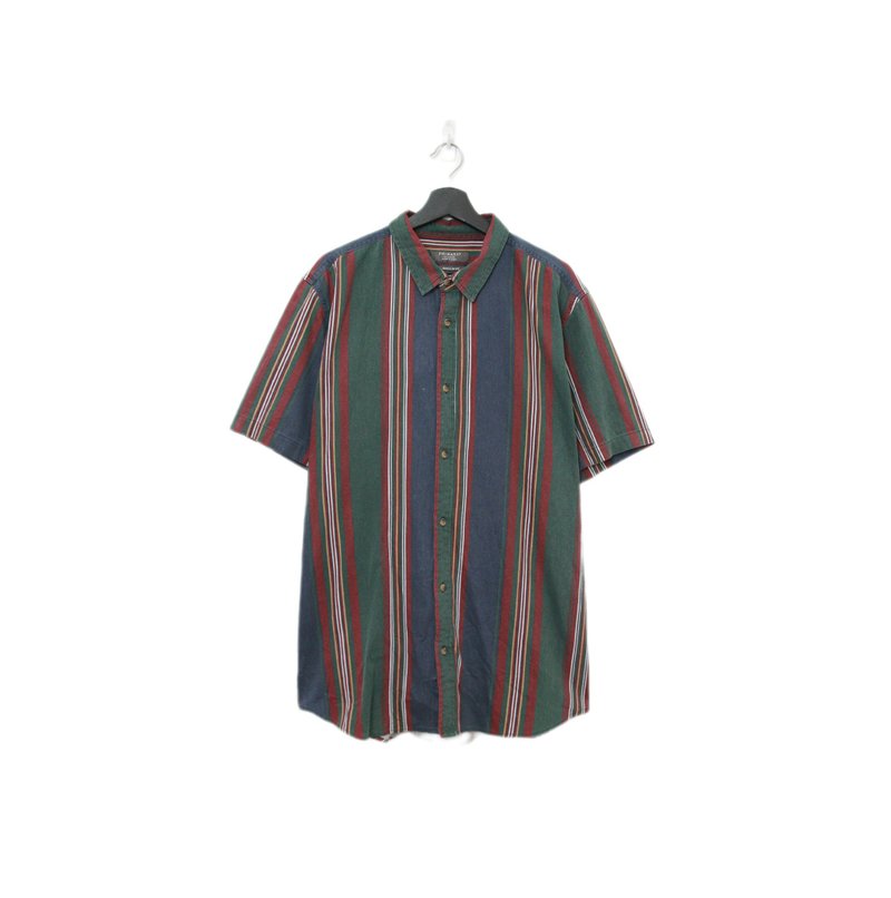 Back to Green-條紋短袖襯衫 復古綠 藍線條 TS-03/vintage shirt - 男襯衫/休閒襯衫 - 棉．麻 