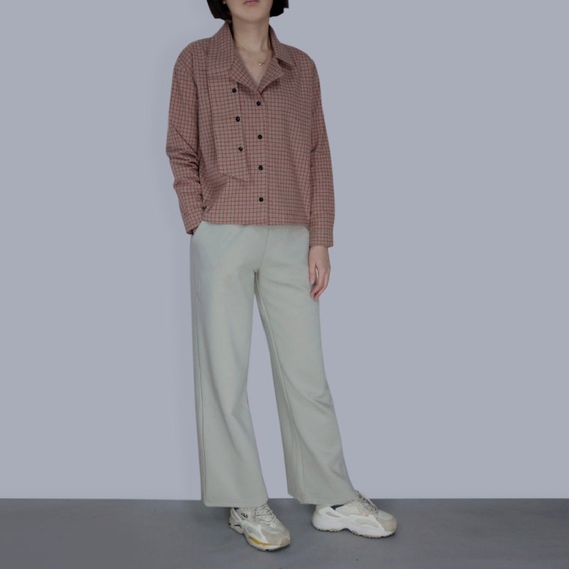 磨毛棉格紋翻領寬版上衣 - 女上衣/長袖上衣 - 棉．麻 咖啡色