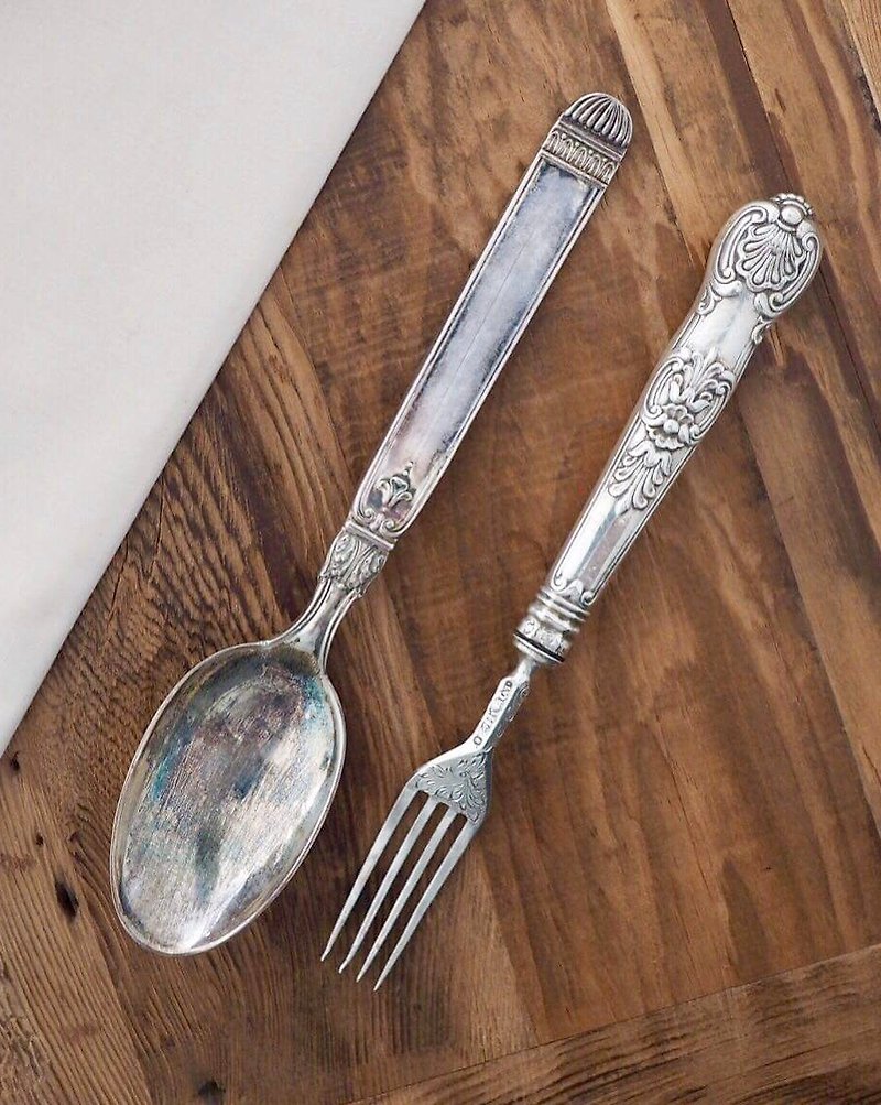 義大利古董純銀雕花餐匙/純銀湯匙 - 餐具/刀叉湯匙 - 純銀 