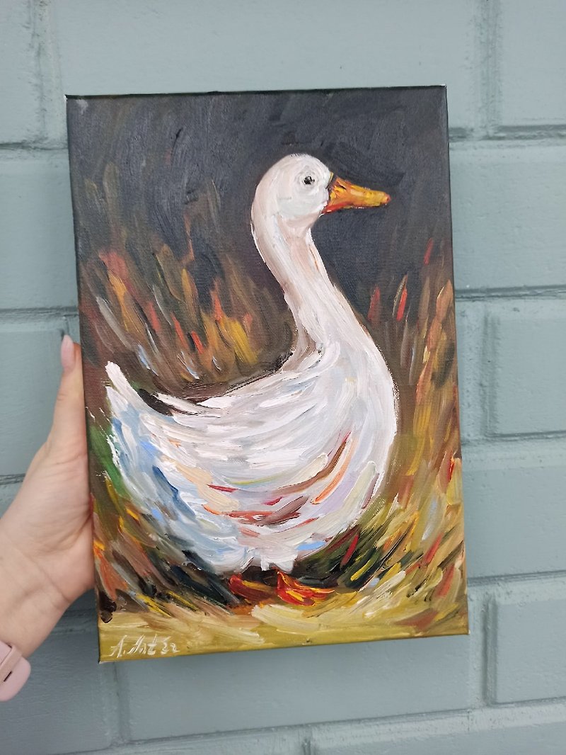 Duck Oil Painting Goose Original Art Bird Artwork Farm Animal Wall Art - ตกแต่งผนัง - ผ้าฝ้าย/ผ้าลินิน 
