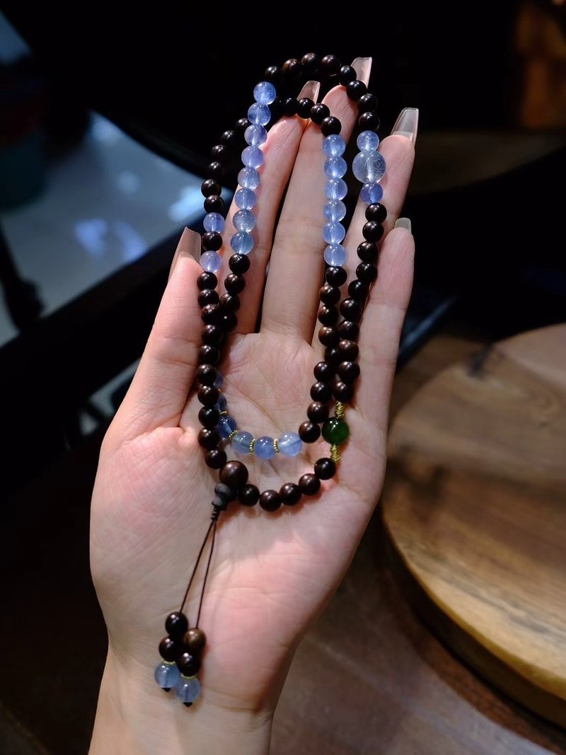 天然海藍寶手鏈手持搭配小葉紫檀三圈手鏈手持文玩手鏈新中式手鏈 - 手鍊/手環 - 玉石 