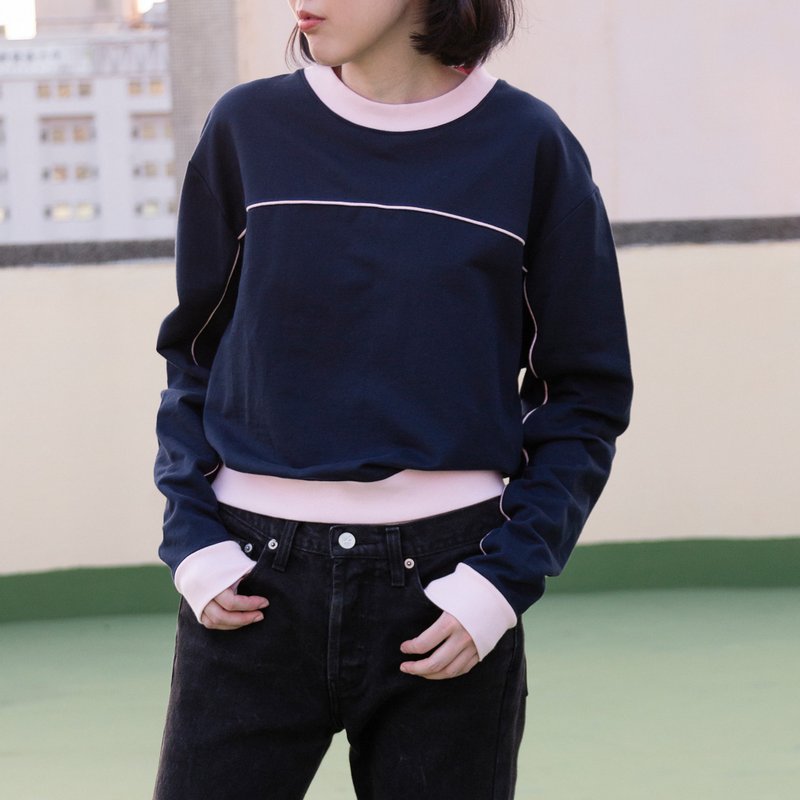 T系列-深藍/粉色滾條拼接撞色大學T衛衣Alice Sweatshirt - 帽T/大學T - 棉．麻 