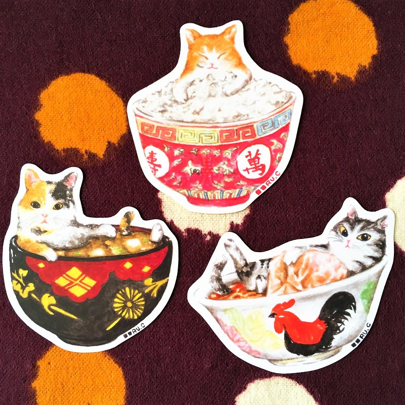 Three bowls cat hand account small sticker set - สติกเกอร์ - กระดาษ หลากหลายสี