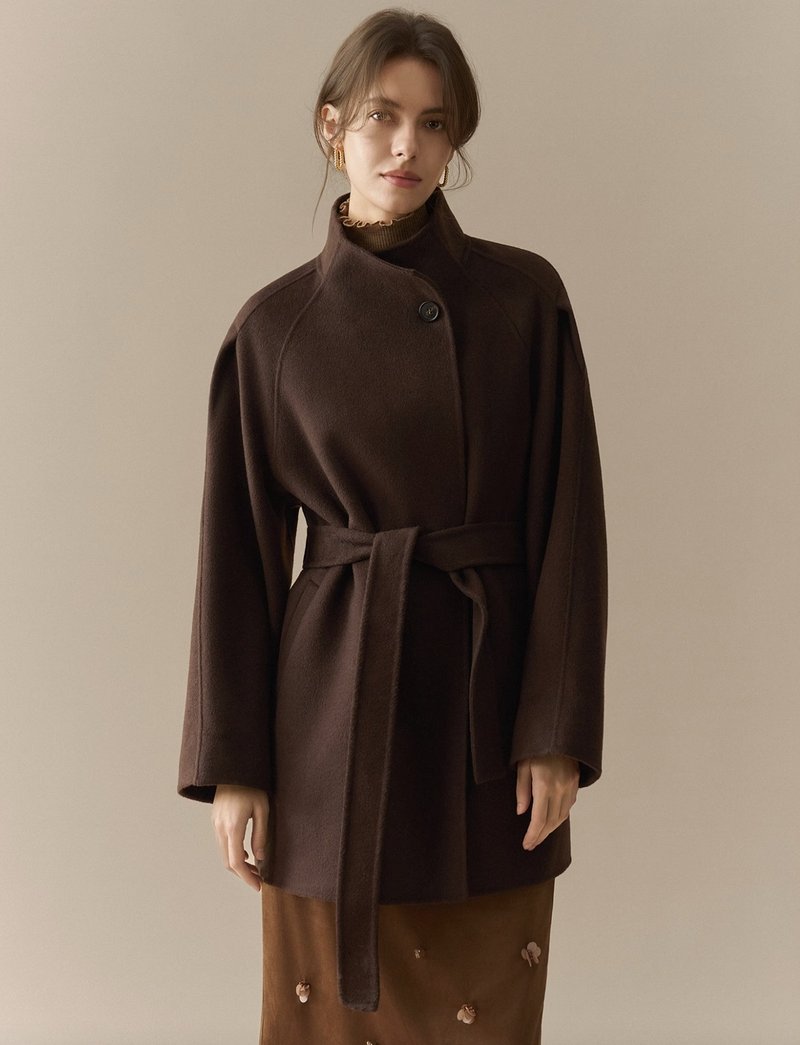 French Retro / Double-Faced Wool Stand-Collar Coat / Merino Wool - เสื้อแจ็คเก็ต - วัสดุอื่นๆ สีนำ้ตาล