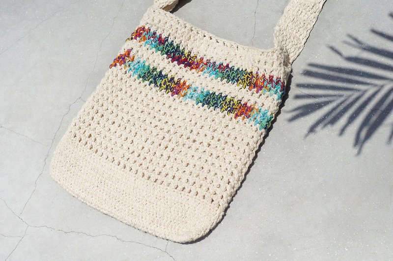 A limited edition of hand-woven cotton crocheted side backpack / shoulder bag / hand-woven bag / oblique backpack - Great little rainbow - Messenger Bags & Sling Bags - Cotton & Hemp Multicolor