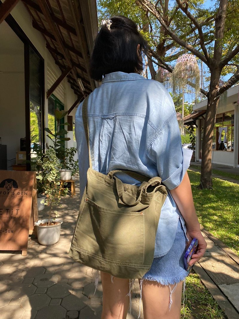 New Olive Little Canvas Tote / Weekend bag / Shopping bag - 側背包/斜孭袋 - 棉．麻 綠色