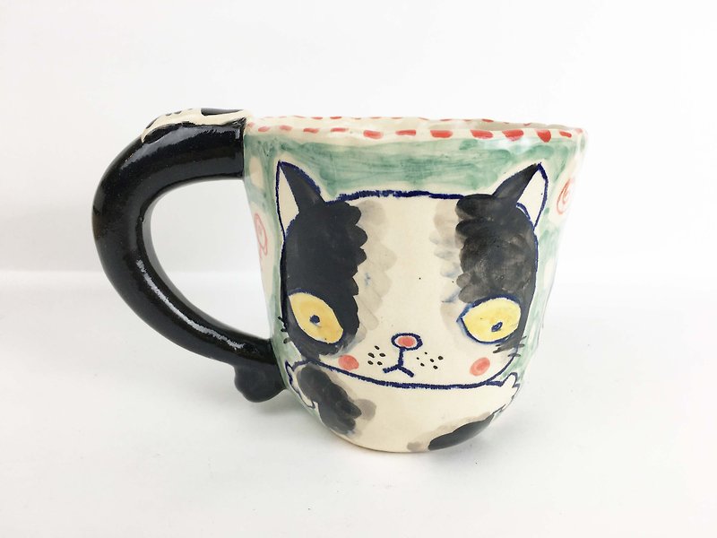 面白い小さな猫0103-15のニースリトルクレイ手作りのマグ - マグカップ - 陶器 グリーン