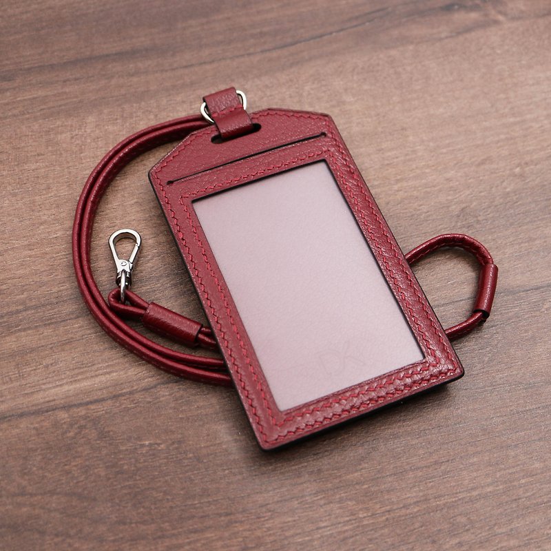 ID Holder with Neck Strap - ID & Badge Holders - Genuine Leather Red