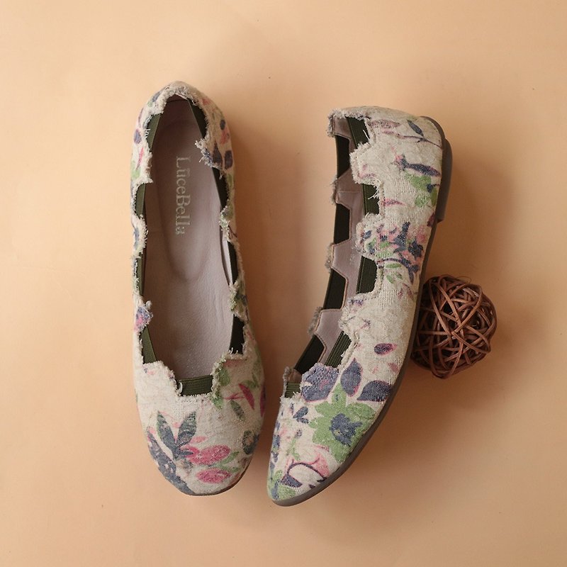 【Garden】Floral Flat Shoes - Green - รองเท้าบัลเลต์ - ผ้าฝ้าย/ผ้าลินิน สีม่วง