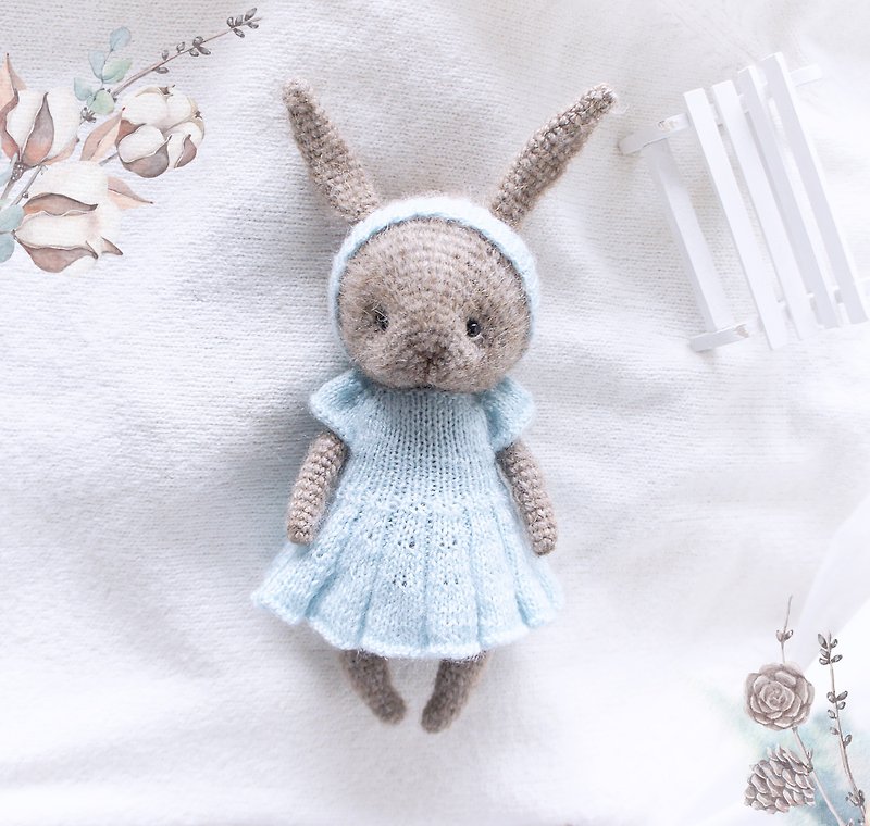Bunny Rabbit Doll in dress, Woodland Animal Toy for kids, Baby Rabbit doll - Stuffed Dolls & Figurines - Wool Blue