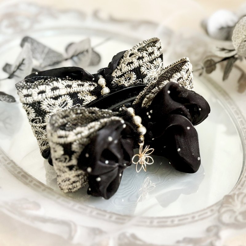 雙層蝴蝶結/ 雋永寶石巴洛克香蕉夾 馬尾夾 鯊魚夾 髮圈 髮夾 - 髮夾/髮圈 - 其他材質 黑色