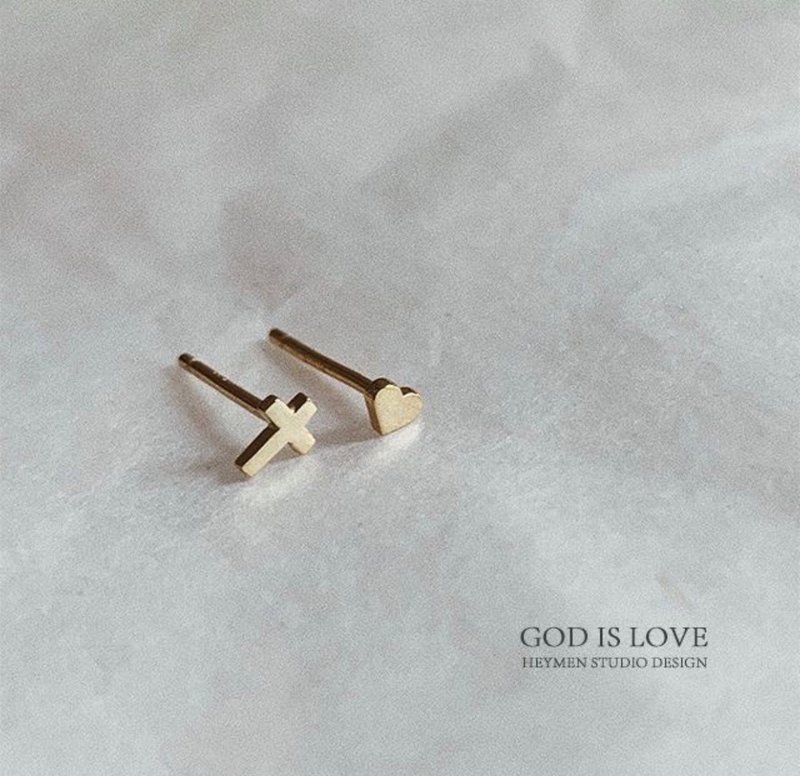 黑門 He is Love 十字架=愛心 基督教純銀鍍金耳釘 小眾法風設計 - 耳環/耳夾/耳骨夾 - 銀 金色