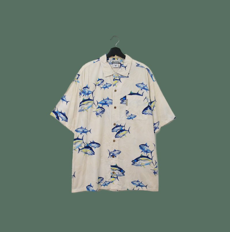 Back to Green- 魚圖騰短袖襯衫 columbia藍色魚群 vintage shirt - 男襯衫/休閒襯衫 - 棉．麻 