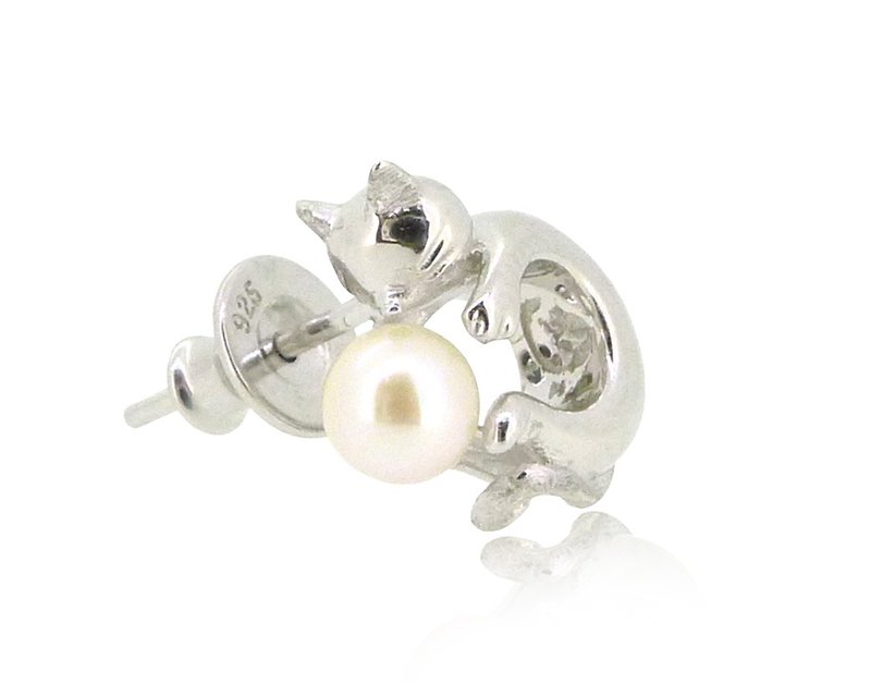 HK192~ 貓喵造型925純銀耳環(1對) 連天然珍珠 - 耳環/耳夾 - 純銀 銀色