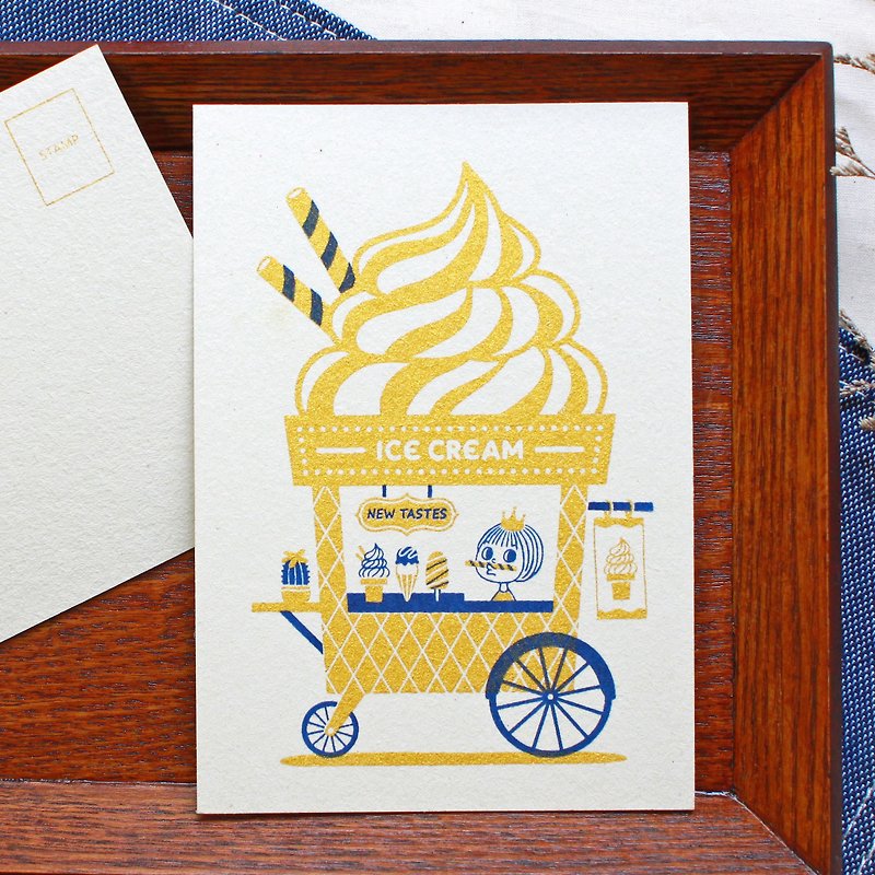 Aga Ice Cream Cart (Dark Blue)-Handmade Silk Printed Print Postcard - การ์ด/โปสการ์ด - กระดาษ สีทอง