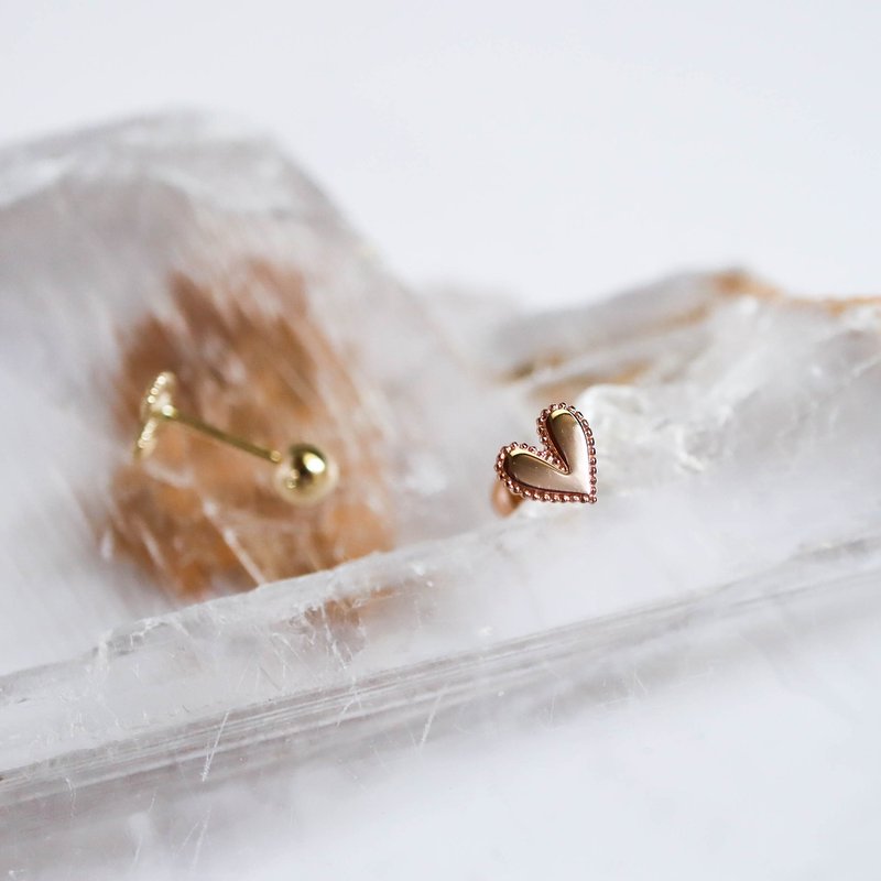 14K Yellow Gold Rotating Bead Earrings with Dotted Bead Edges, Heart Shape, Rose Gold, Lock Bead Earrings, Shower-Safe - ต่างหู - เครื่องประดับ 