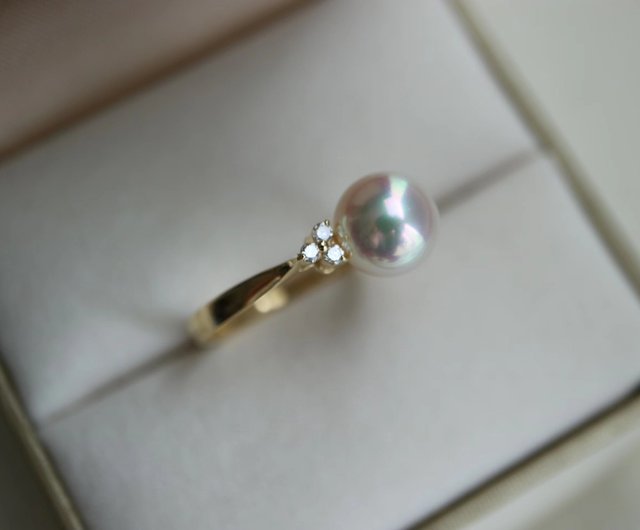 18金あこや真珠指輪 天然ダイヤモンド付き 最高品質珠 8.5-9mm