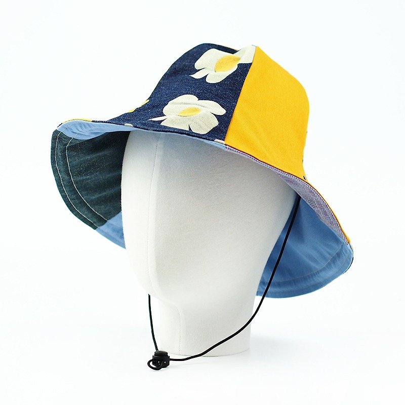 Manual double-sided hats men and women large hats visor can be bent wind rope detachable [Pocket egg flower] [H-357] - Hats & Caps - Cotton & Hemp Yellow