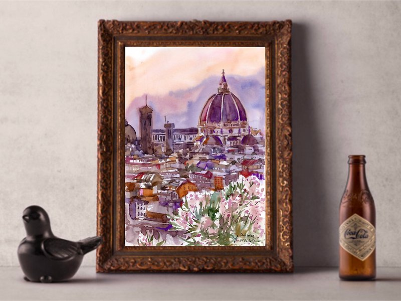 Florence painting Original art Sunset watercolor Italy European urban sketch Old - 牆貼/牆身裝飾 - 紙 紫色