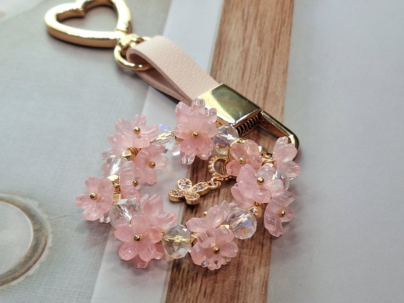 Pink Leather Glass Cherry Blossom Double Buckle Keychain - Charms - Colored Glass 