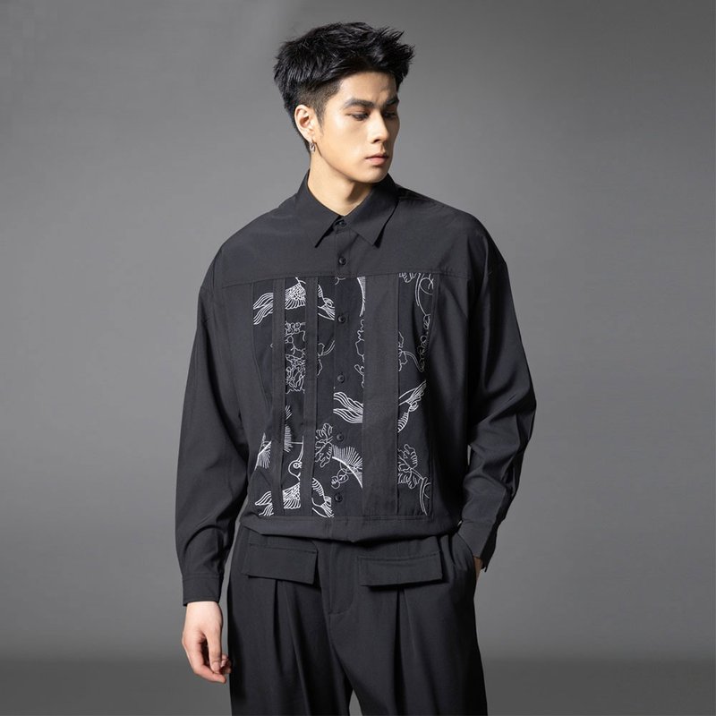 男士拼接休閑襯衣  秋季刺繡長袖襯衫 - 男襯衫/休閒襯衫 - 棉．麻 黑色