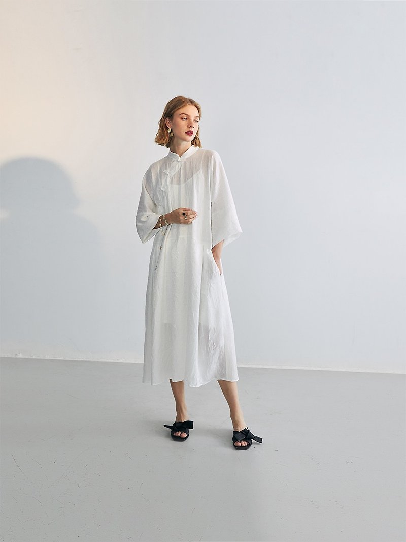 白色中式改良旗袍連衣裙兩件套夏季薄款寬松慵懶長款a字裙 - 洋裝/連身裙 - 其他材質 白色