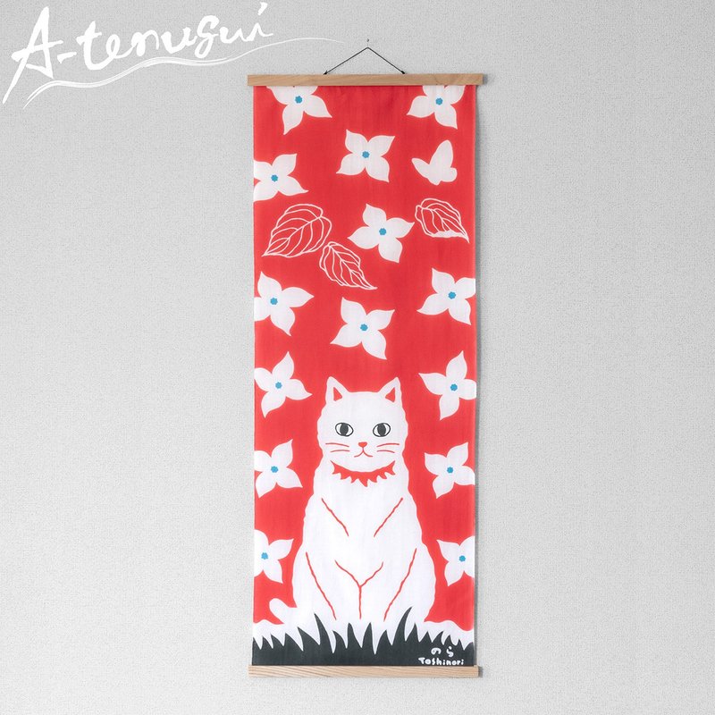 White cat Japanese towel / red / A-tenugui - Wall Décor - Cotton & Hemp Red