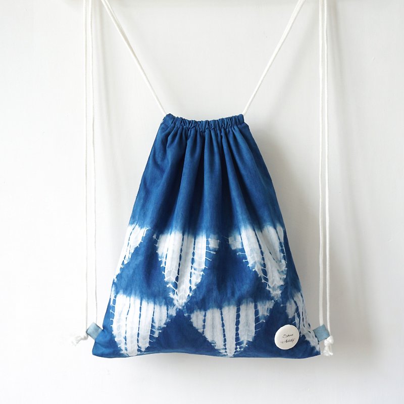 S.A x Iceberg, Indigo dyed Handmade Geometric Pattern Backpack - Drawstring Bags - Cotton & Hemp Blue