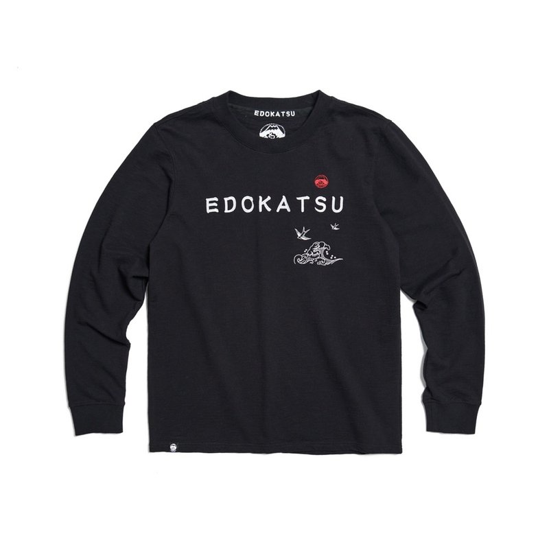 Edo Katsuki series wave family emblem thick long-sleeved T-shirt - Men's (black) #Top - Men's T-Shirts & Tops - Cotton & Hemp Black