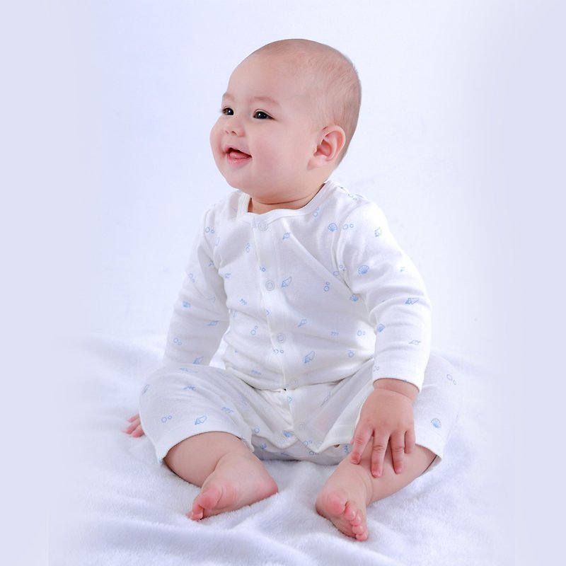 【Deux Filles有機棉】藍色貝殼嬰兒長袖連身衣/包屁衣3~18月 - 嬰兒連身衣/包被/包巾 - 棉．麻 藍色