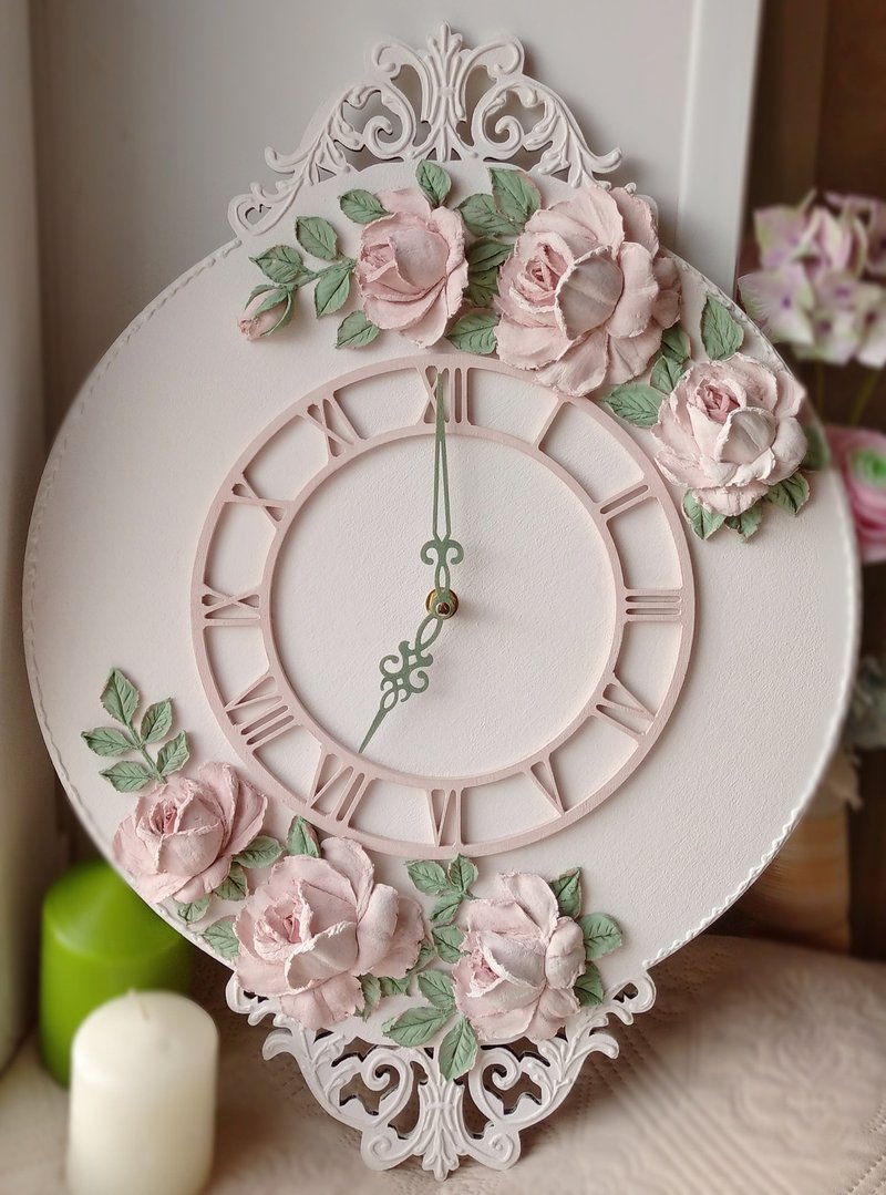 靜音掛鐘 Pink wall clock with roses Silent wall clock for bedroom girl room Mom Gift - 時鐘/鬧鐘 - 木頭 粉紅色