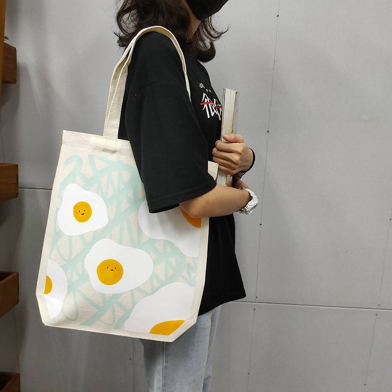 and-painted graffiti style double-sided canvas bag with bottom A4 can be install - กระเป๋าถือ - ผ้าฝ้าย/ผ้าลินิน หลากหลายสี