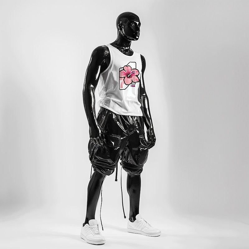 Flower illustration vest | Hibiscus flower | White printed vest - เสื้อกั๊กผู้ชาย - ผ้าฝ้าย/ผ้าลินิน ขาว