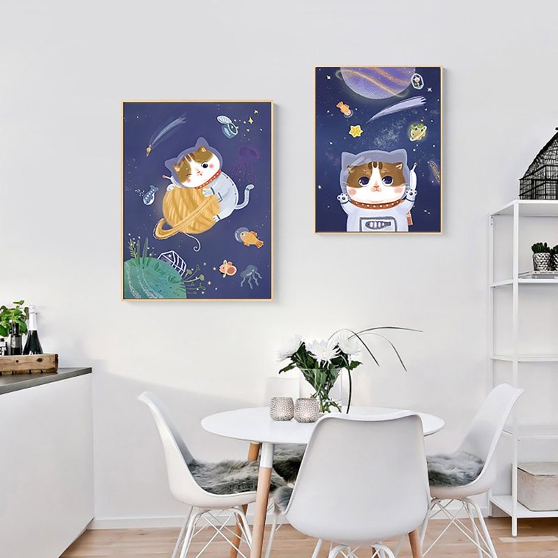 Cosmic Cat_Painting_Animal Series_Made in Taiwan and shipped quickly within two working days - โปสเตอร์ - ผ้าฝ้าย/ผ้าลินิน สีน้ำเงิน