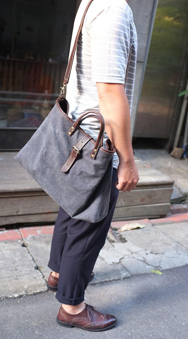 Wash old gray retro canvas shoulder bag / bag - กระเป๋าแมสเซนเจอร์ - ผ้าฝ้าย/ผ้าลินิน สีเทา
