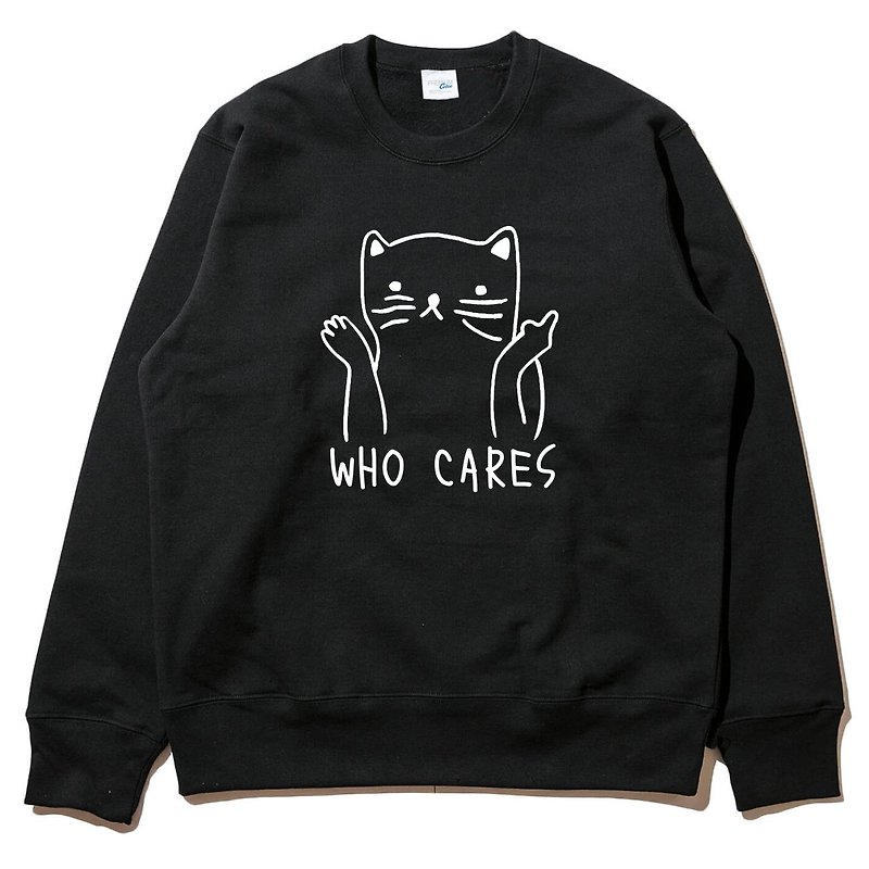 Who Cares Cat #2 black sweatshirt - เสื้อยืดผู้ชาย - ผ้าฝ้าย/ผ้าลินิน สีดำ