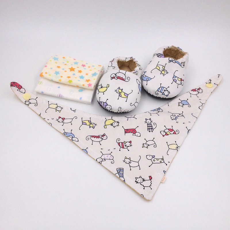 小さなラインの猫 -  Miyue赤ちゃんのギフトボックス（幼児靴/ベビーシューズ/ベビーシューズ+ 2ハンカチ+スカーフ） - 出産祝い用贈物 - コットン・麻 多色