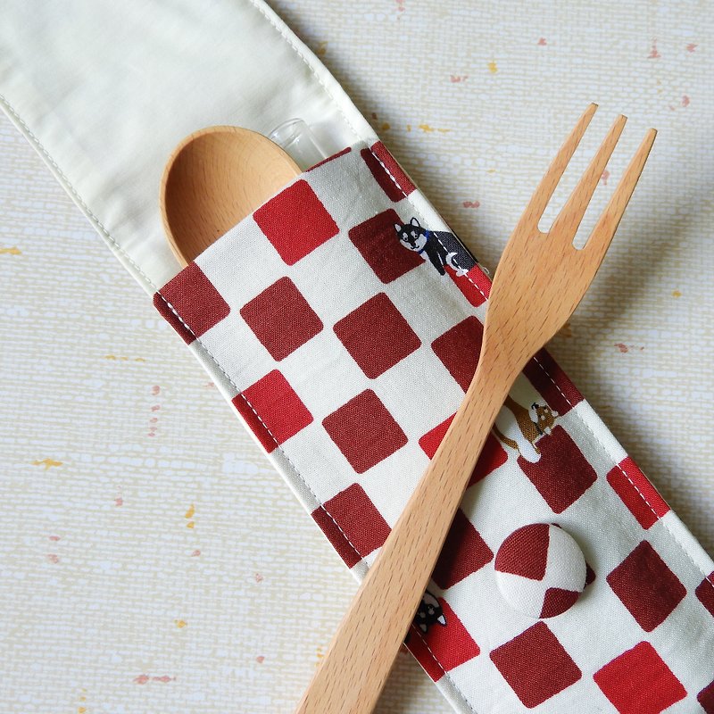 Eco-friendly Reusable Cutlery pouch, travel cutlery pouch: Red & White Shiba - ถุงใส่กระติกนำ้ - ผ้าฝ้าย/ผ้าลินิน สีแดง