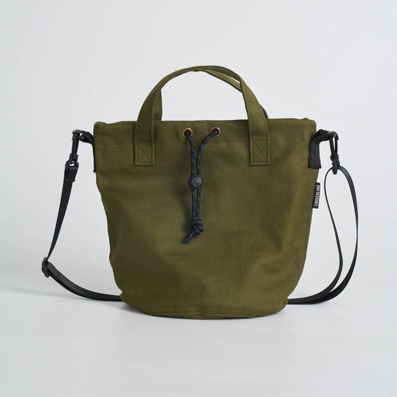 Underline Olive Drawstring bag with detachable strap - 手提包/手提袋 - 棉．麻 綠色