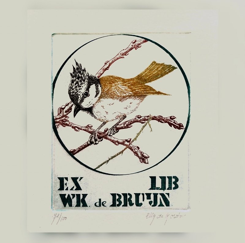 荷蘭藝術家 Elly de Koster -Ex-libris- 藏書票 - 枝頭鳥 - 版畫 - 海報/掛畫/掛布 - 紙 綠色