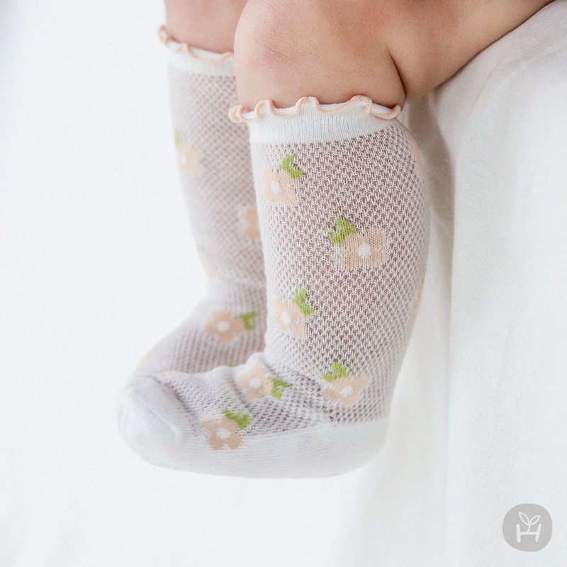 Happy Prince Viviana pink flower light and breathable baby knee-high socks - Baby Socks - Cotton & Hemp White